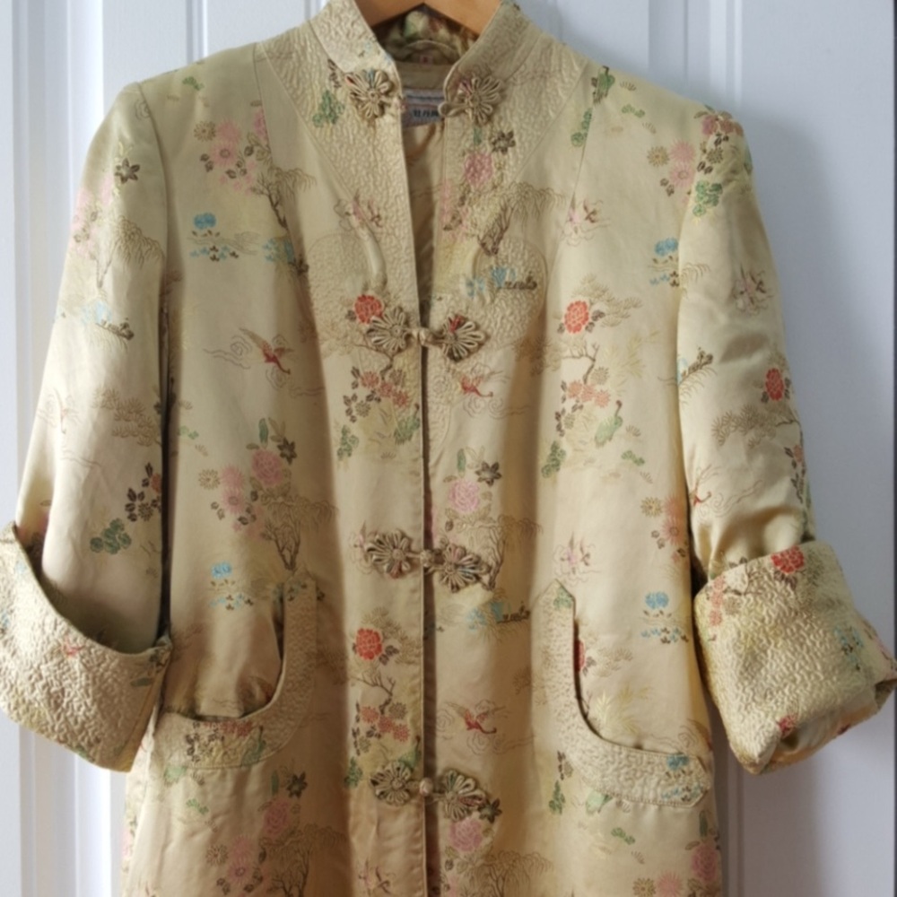 Silk Brocade Mandarin Collar Jacket - Cream Floral